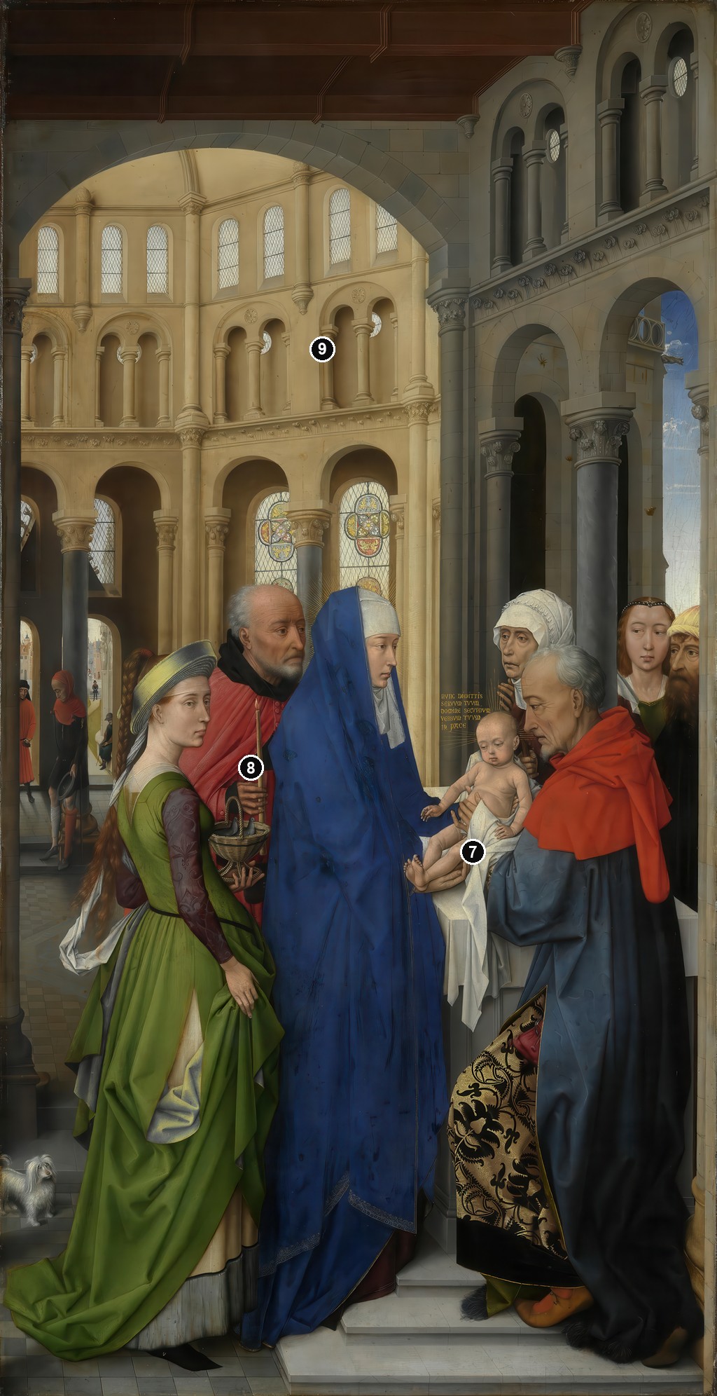 Annotated details from Right Panel: The Presentation in the Temple by Rogier van der Weyden